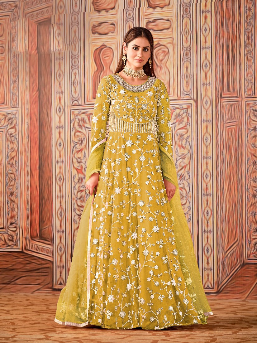 Buy Abaya Style Yellow Anarkali - Thread Floor Length Anarkali Suit