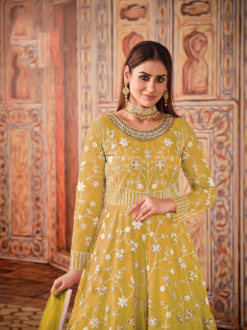 Buy Abaya Style Yellow Anarkali - Thread Floor Length Anarkali Suit