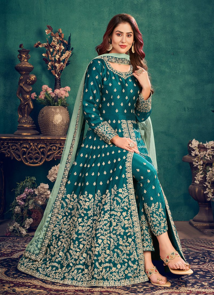 Buy Floor Length Teal Blue Anarkali - Silk Embroidered Anarkali Suit