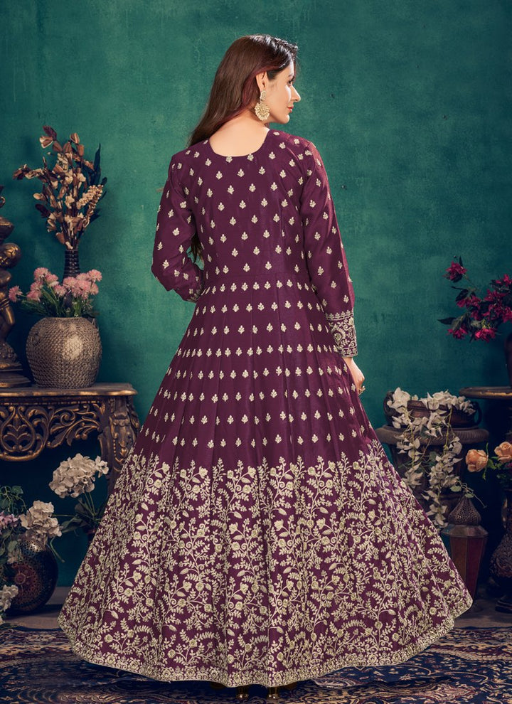 Buy Floor Length Plum Wine Anarkali - Silk Embroidered Anarkali Suit