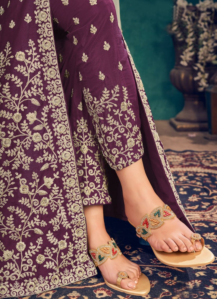 Buy Floor Length Plum Wine Anarkali - Silk Embroidered Anarkali Suit