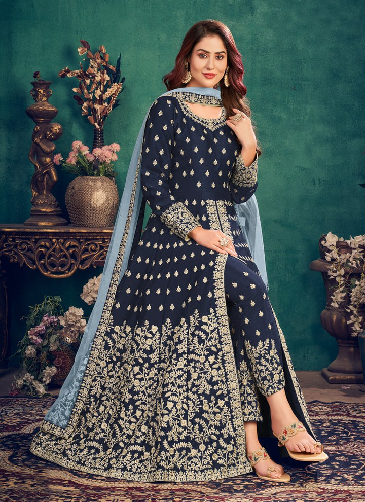 Buy Floor Length Navy Blue Anarkali - Silk Embroidered Anarkali Suit