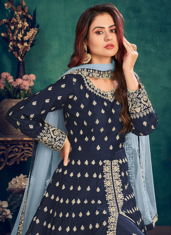 Buy Floor Length Navy Blue Anarkali - Silk Embroidered Anarkali Suit