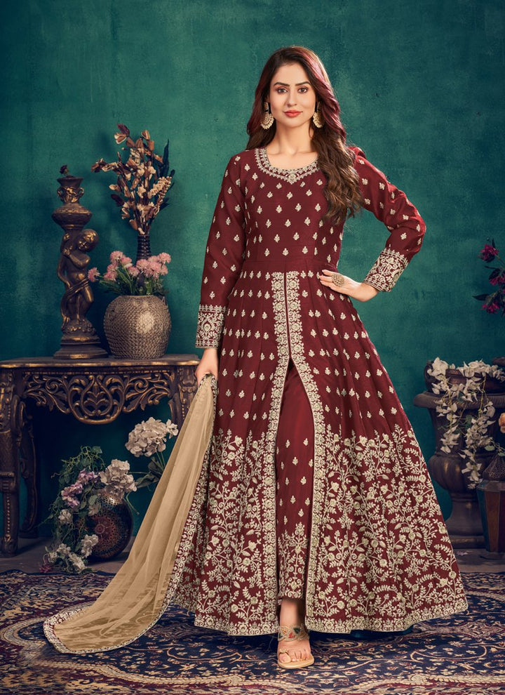 Buy Floor Length Maroon Anarkali - Silk Embroidered Anarkali Suit