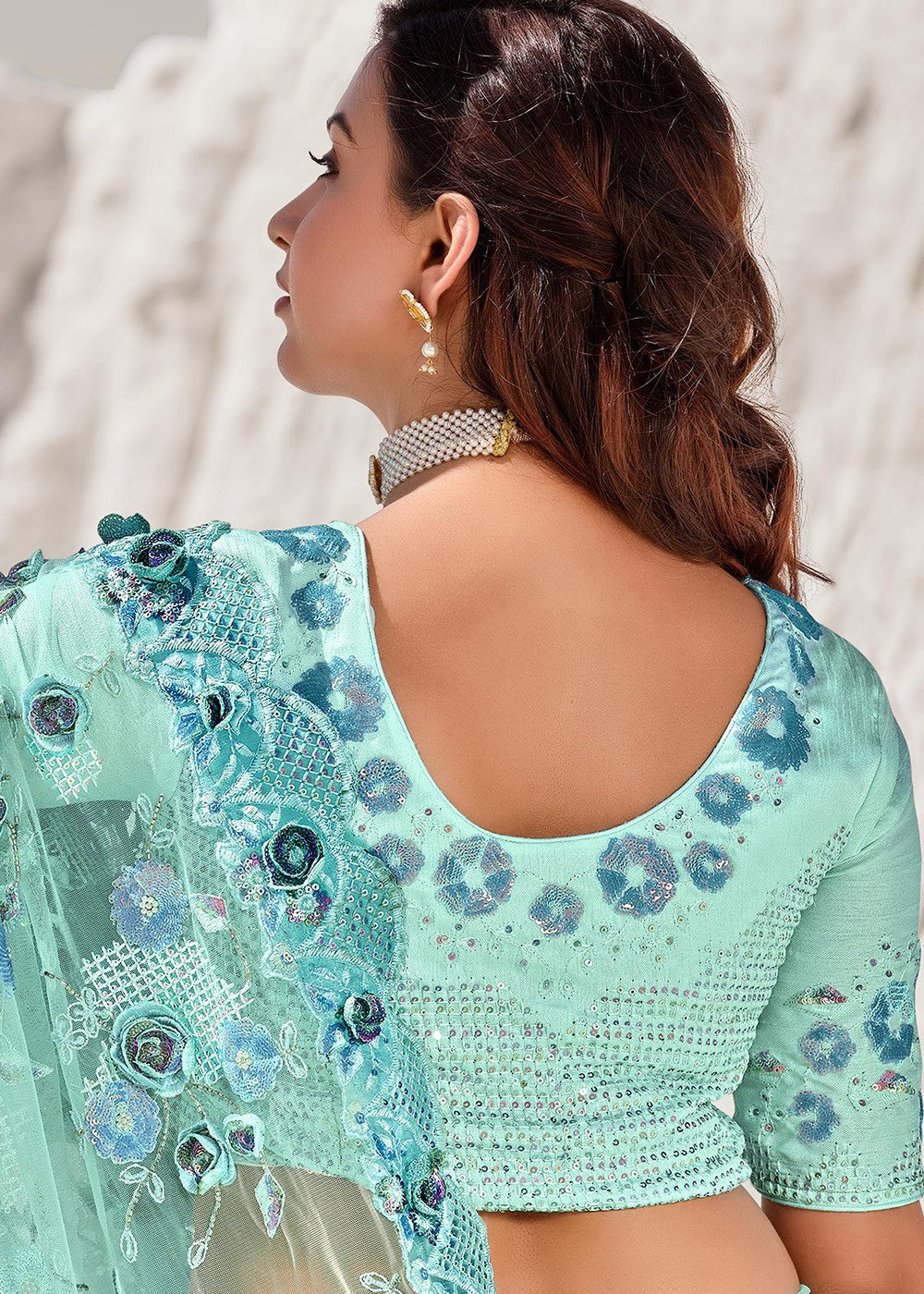Buy Arctic Blue Floral Saree - Embroidered Net Saree