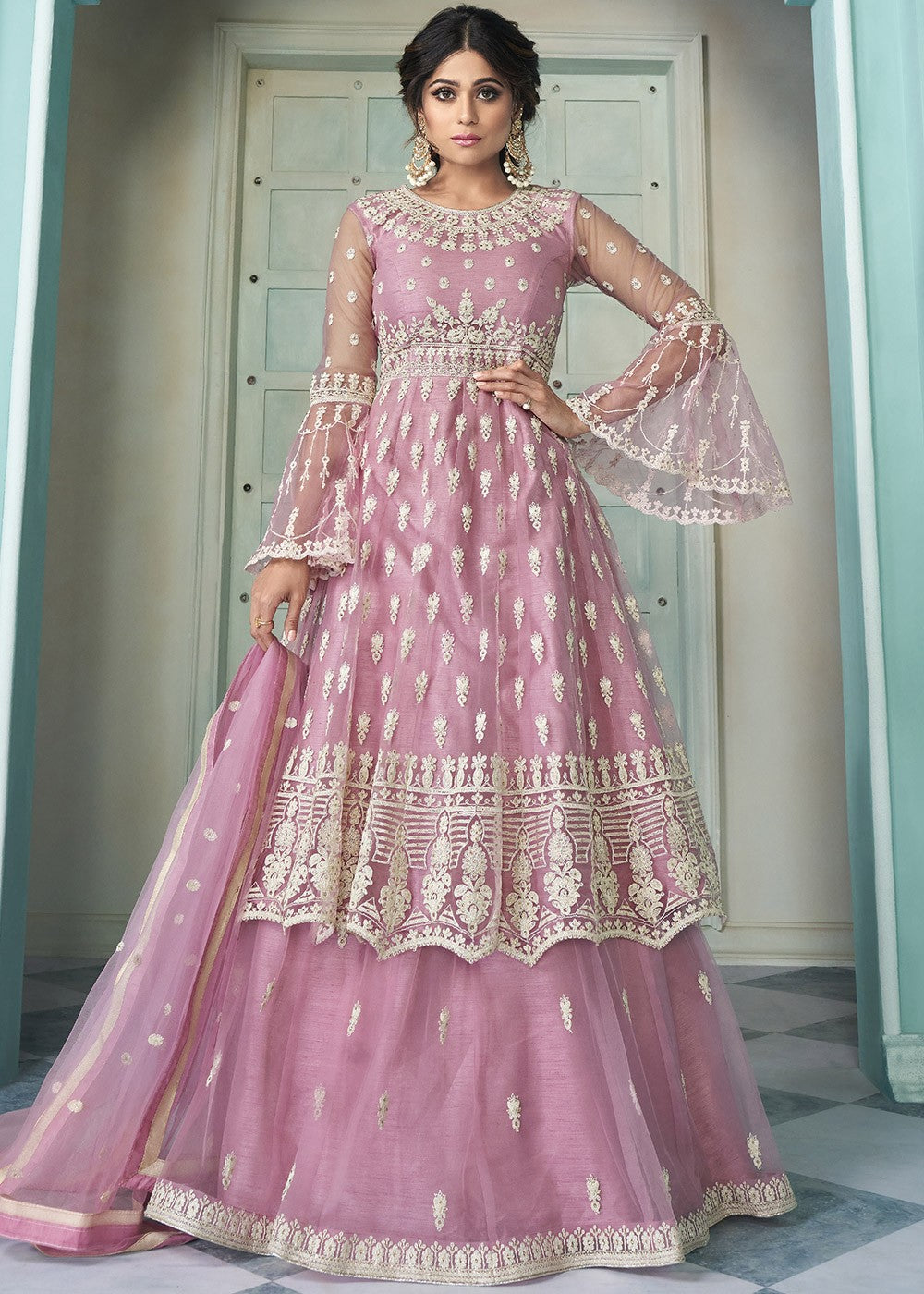 Pretty Pink Sharara - Bell Sleeved Lehenga Style Sharara Suit