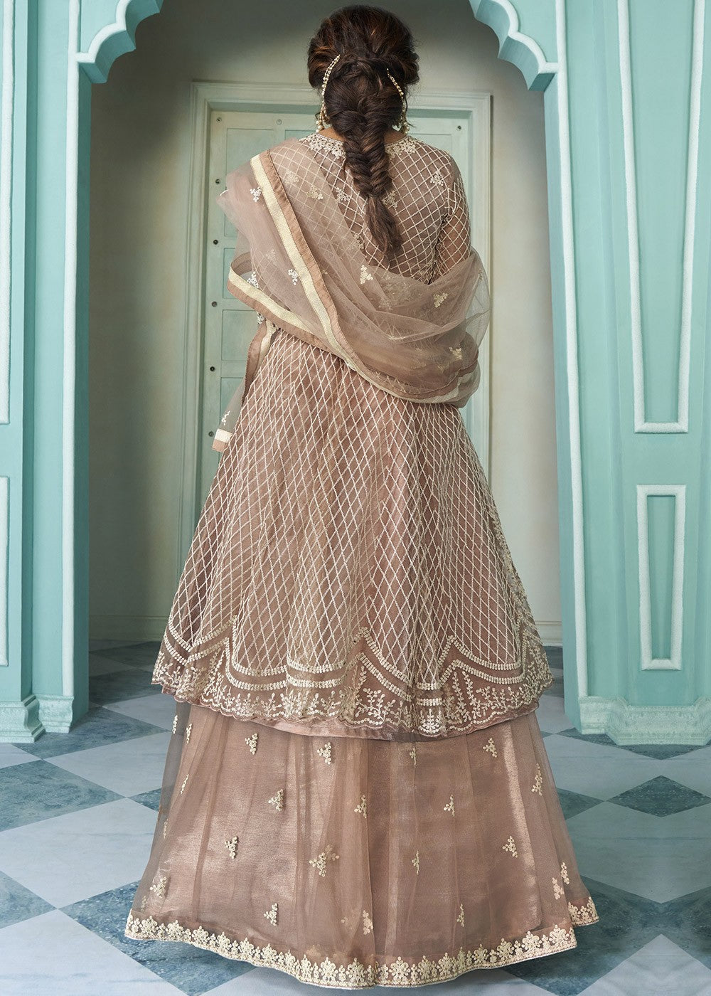 Lovely Beige Shamita Shetty Bell Sleeved Lehenga Style Sharara Suit