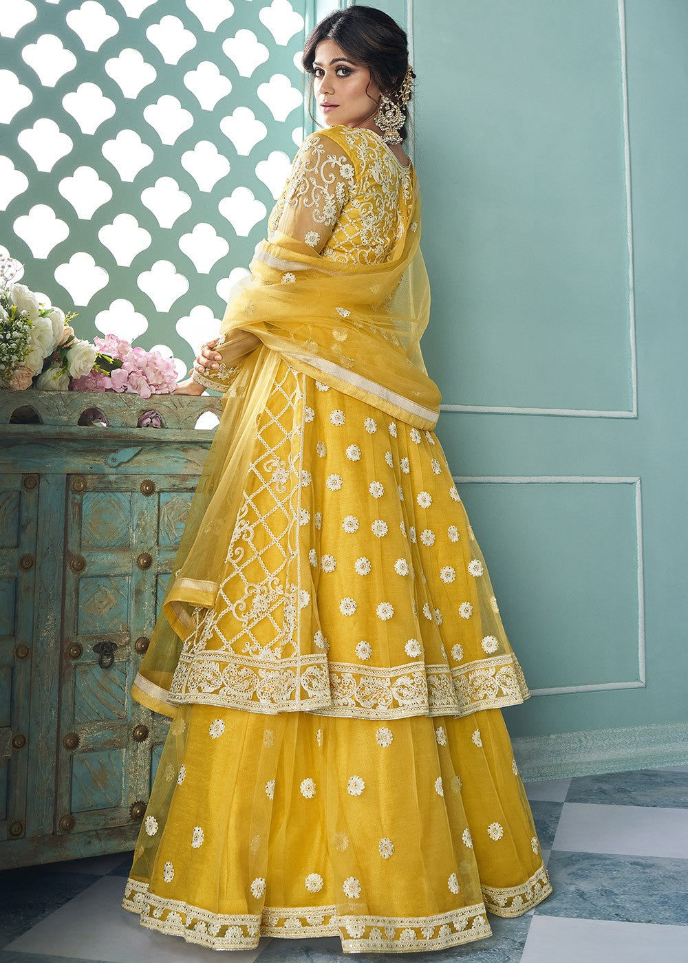Graceful Yellow Shamita Shetty Bell Sleeved Lehenga Style Sharara Suit