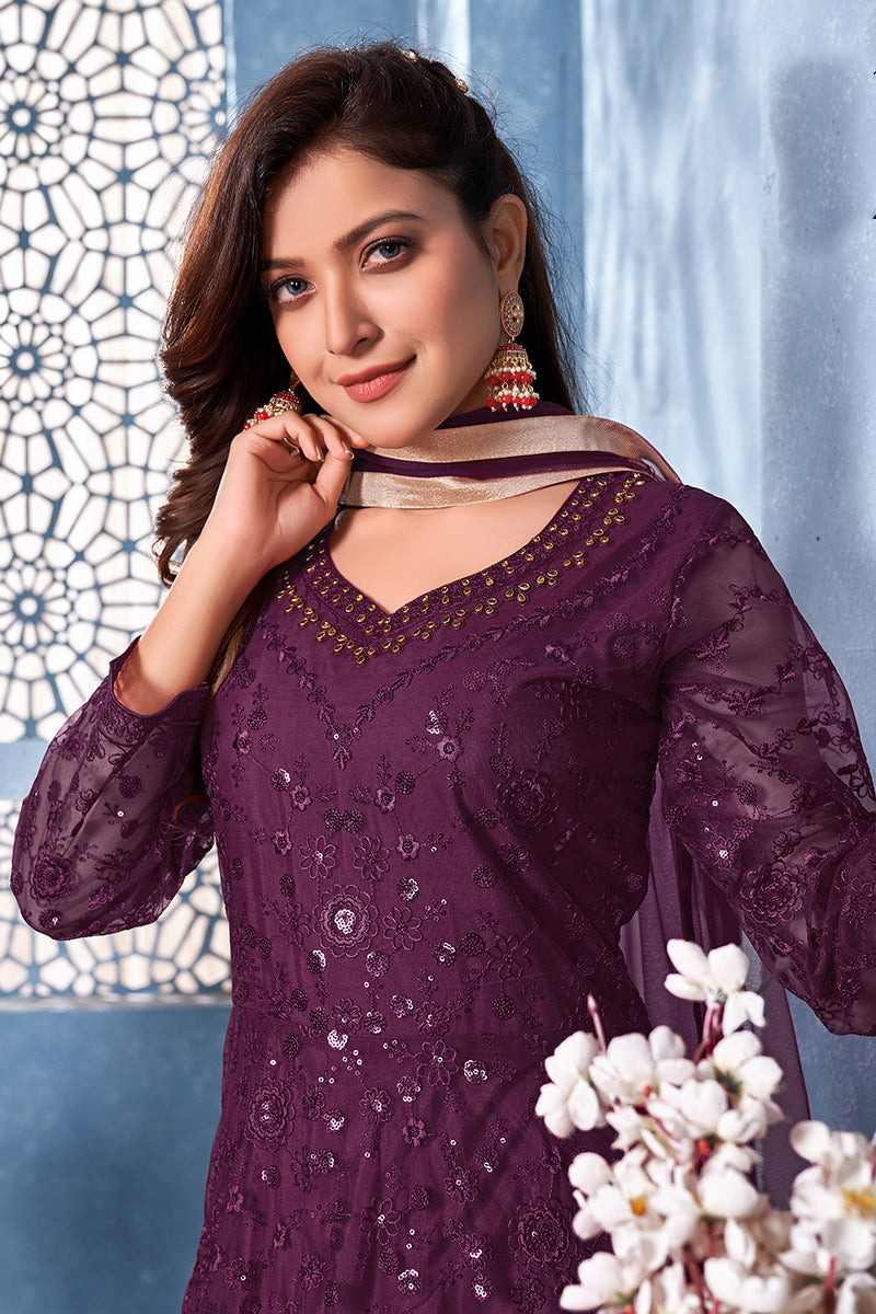 Buy Plum Purple Two Tone Embroidered Sequins Anarkali Suit - Empress!