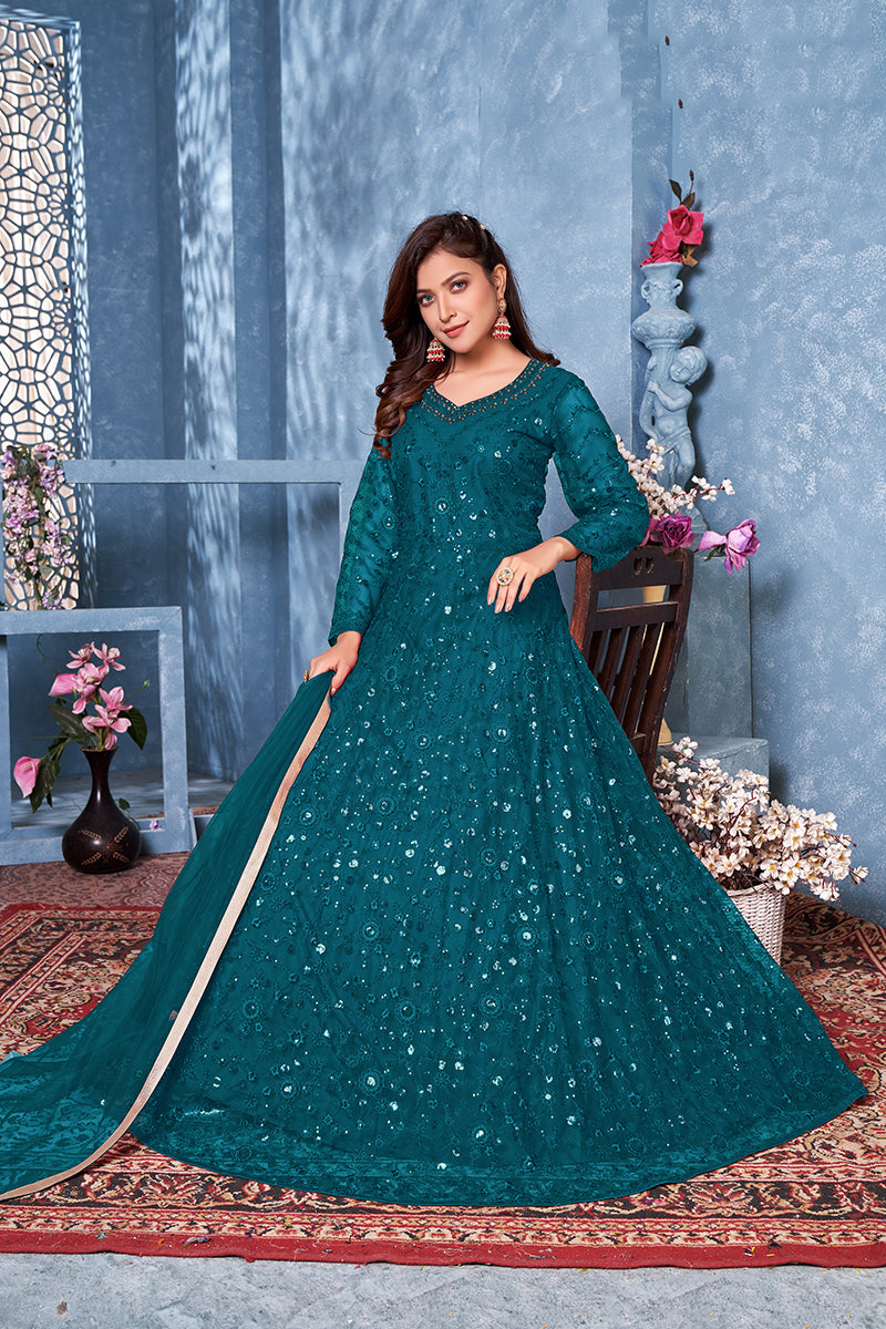 Buy Rama Blue Two Tone Embroidered Sequins Anarkali Suit - Empress!