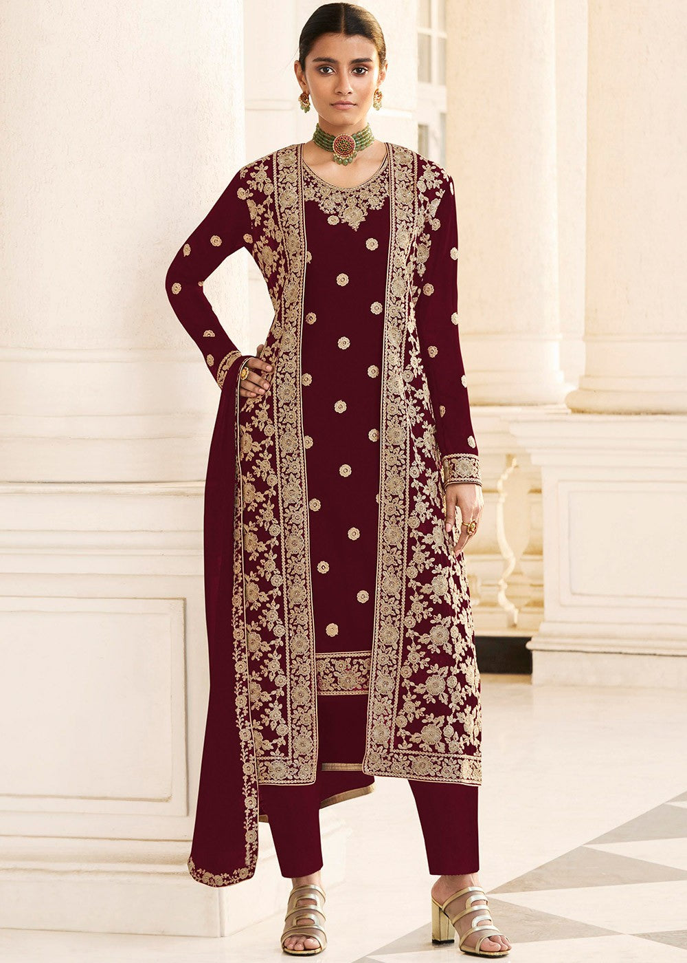 Maroon Designer Suit - Buy Embroidered Jacket Style Suit