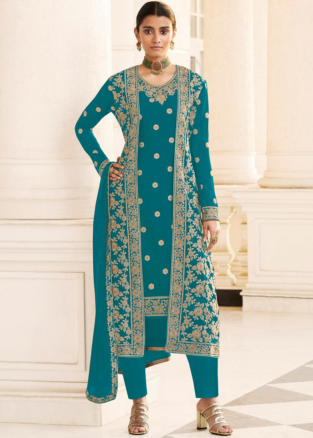 Turquoise Designer Suit - Buy Embroidered Jacket Style Suit