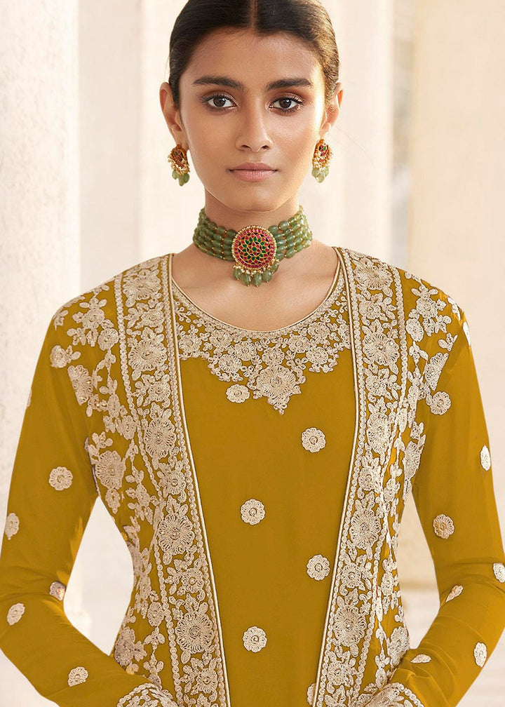 Yellow Designer Georgette Embroidered Jacket Style Suit