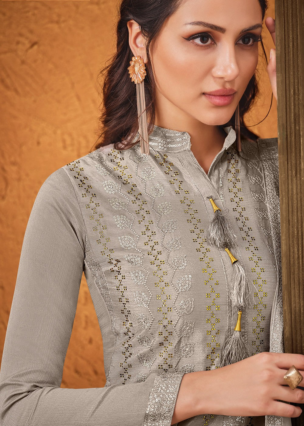Buy Ash Grey Chiffon Suit - Embroidered Palazzo Suit