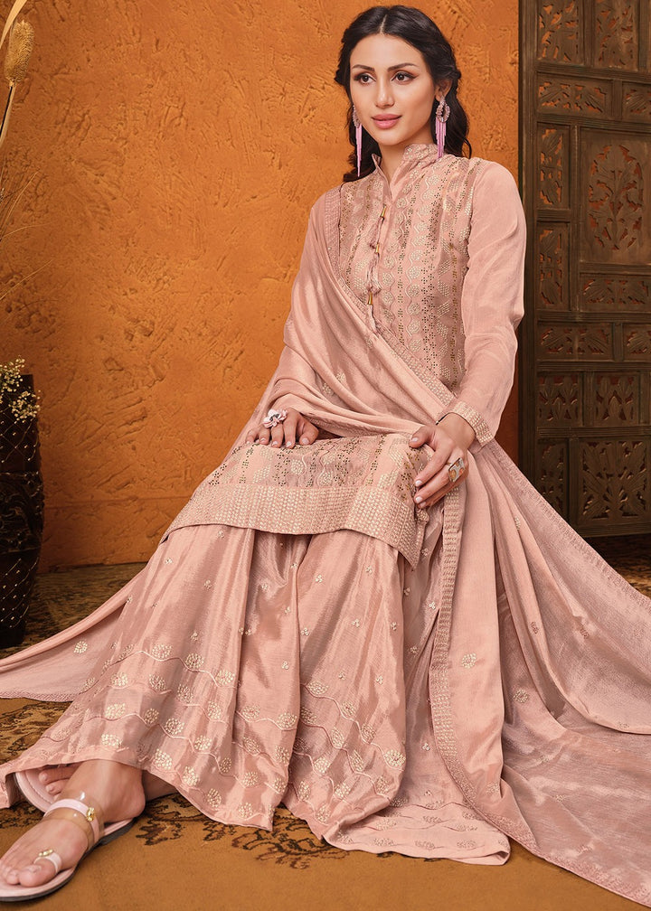 Buy Salmon Peach Chiffon Suit - Embroidered Sharara Suit