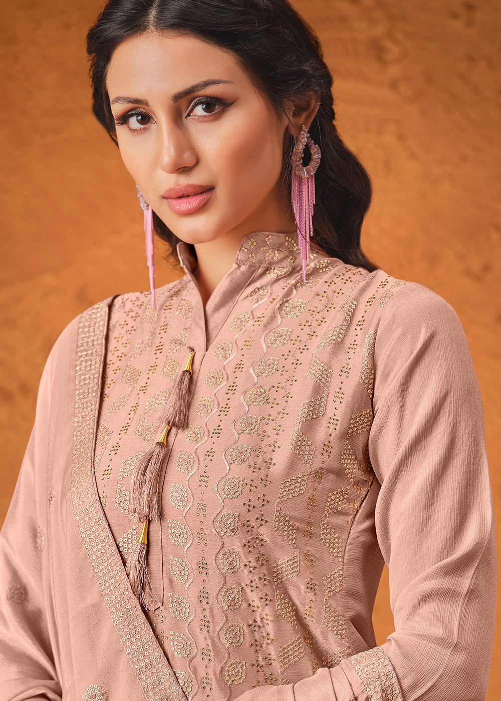 Buy Salmon Peach Chiffon Suit - Embroidered Sharara Suit