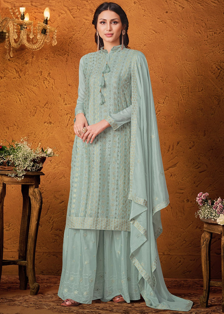 Buy Dusty Blue Chiffon Suit - Embroidered Sharara Suit