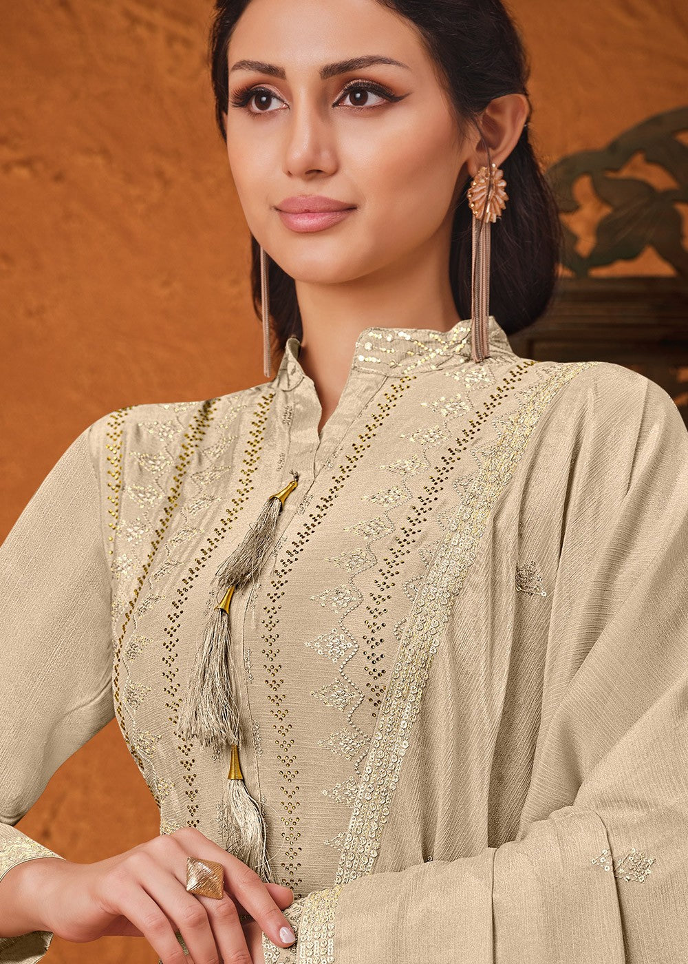 Buy Cream Beige Chiffon Suit - Embroidered Sharara Suit