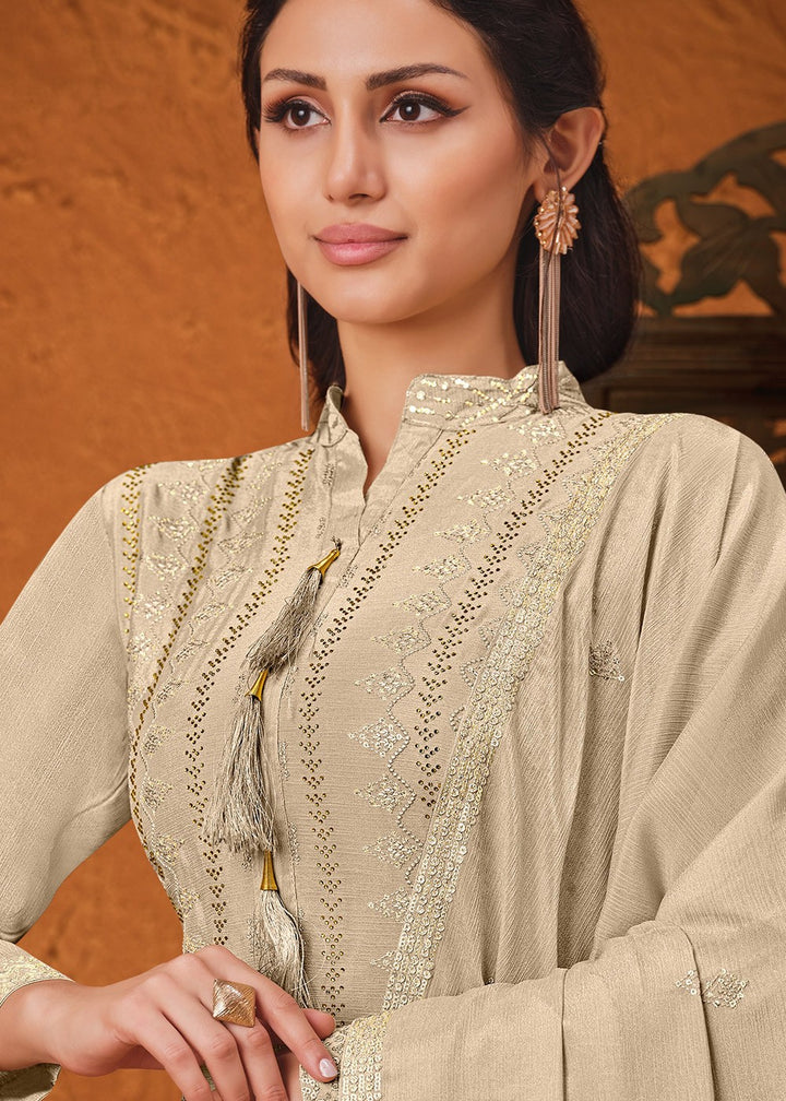 Buy Cream Beige Chiffon Suit - Embroidered Sharara Suit