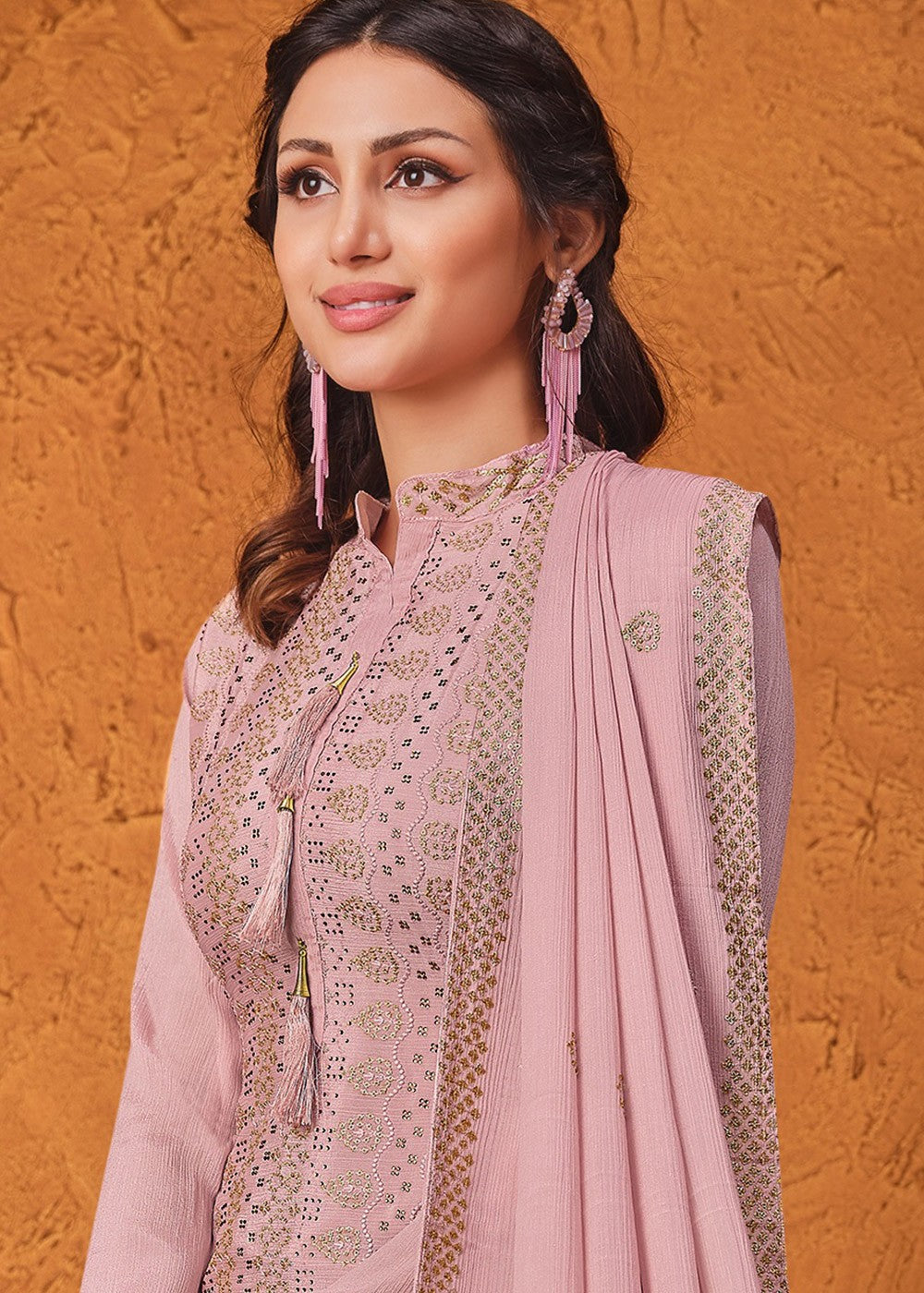 Buy Taffy Pink Chiffon Suit - Embroidered Sharara Suit