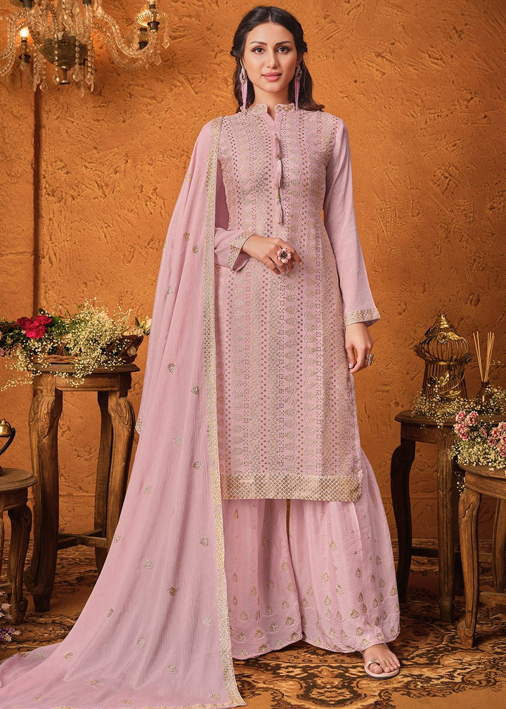 Buy Taffy Pink Chiffon Suit - Embroidered Sharara Suit