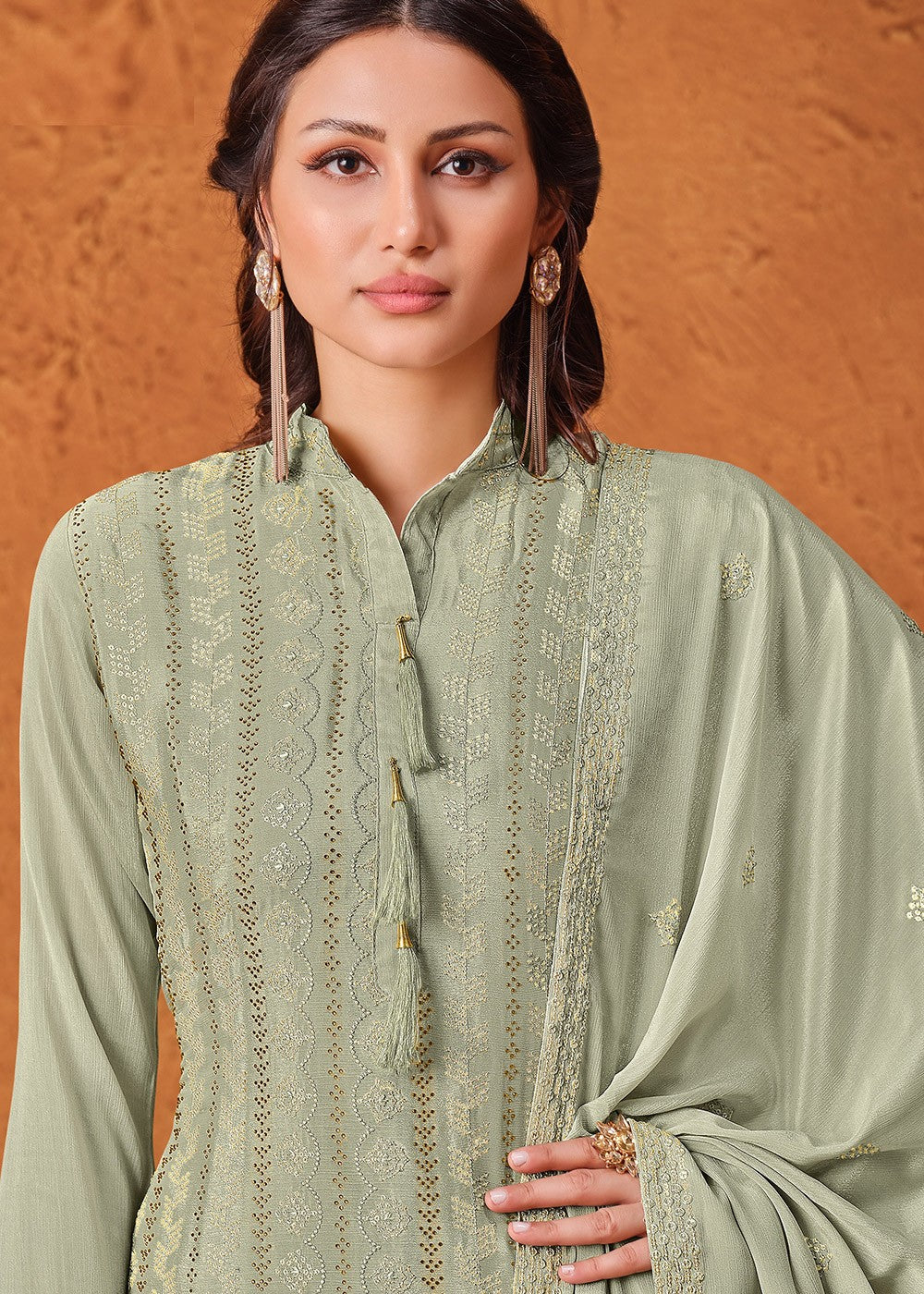 Buy Pastel Green Chiffon Suit - Embroidered Sharara Suit