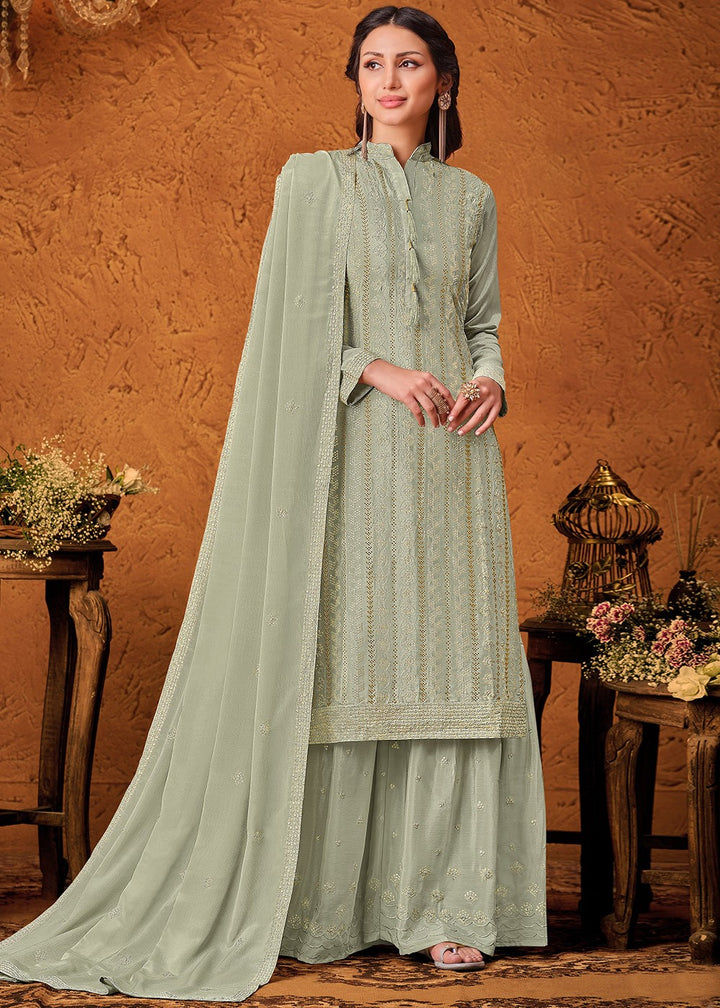 Buy Pastel Green Chiffon Suit - Embroidered Sharara Suit