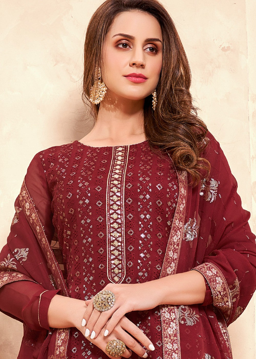 Buy Sequins Embroidered Maroon Suit - Pakistani Style Salwar Suit