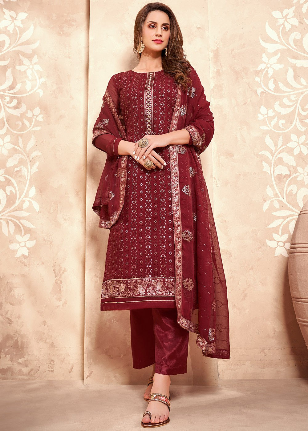 Buy Sequins Embroidered Maroon Suit - Pakistani Style Salwar Suit