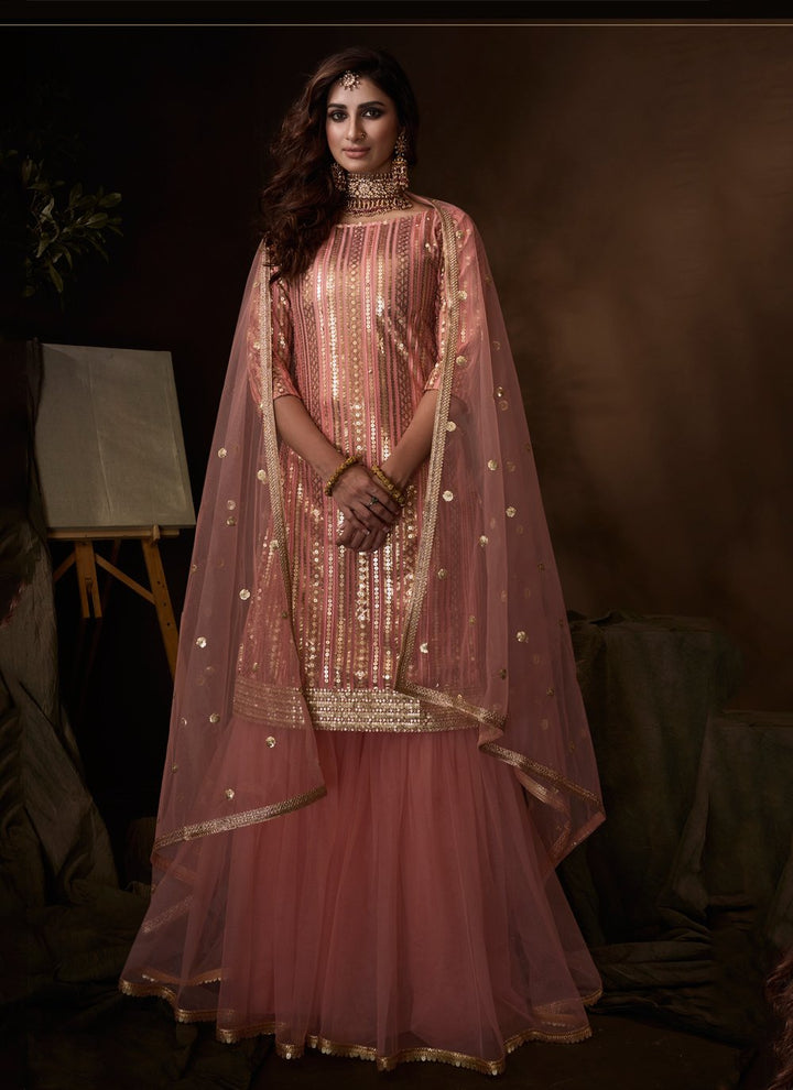 Pink Color Embroidered Designer Net Palazzo Suit