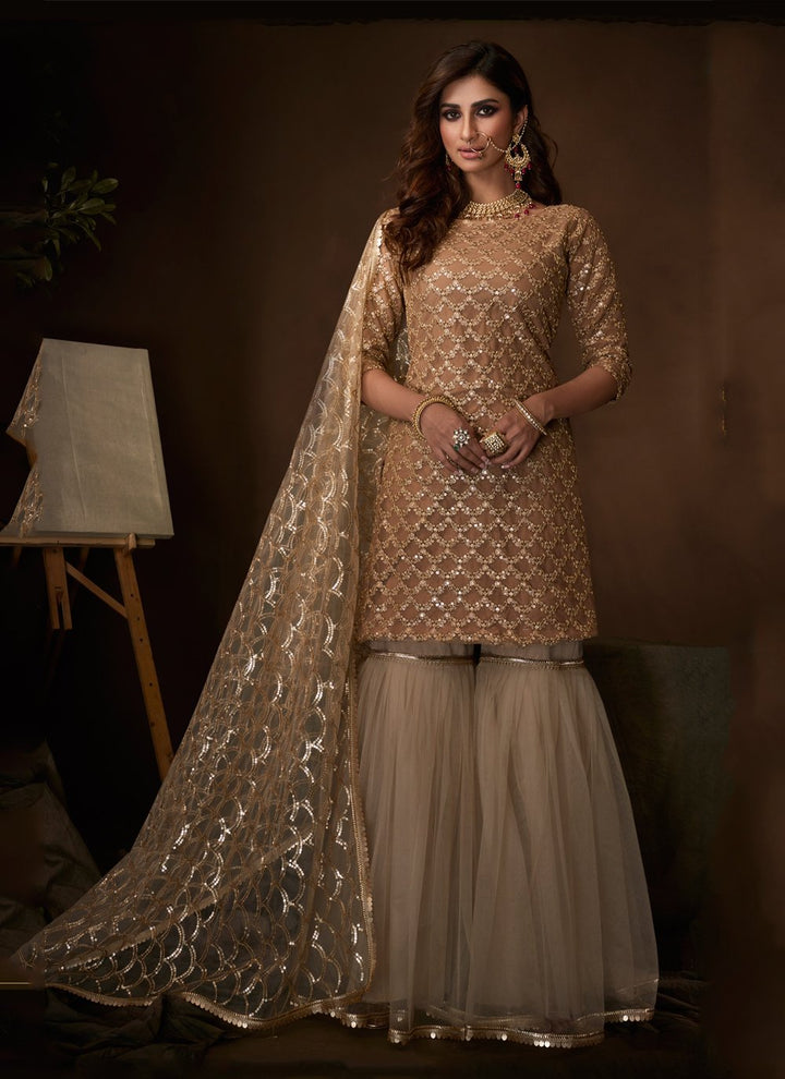 Beige Color Embroidered Designer Net Palazzo Suit