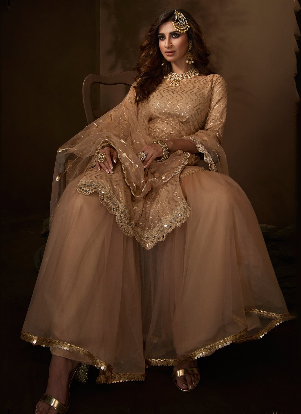 Glorious Beige Color Embroidered Designer Net Palazzo Suit