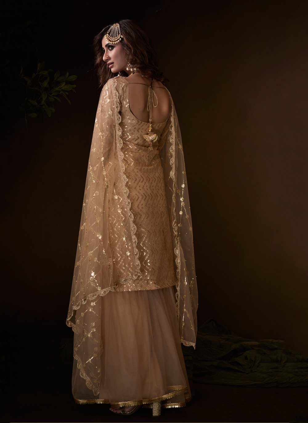 Glorious Beige Color Embroidered Designer Net Palazzo Suit