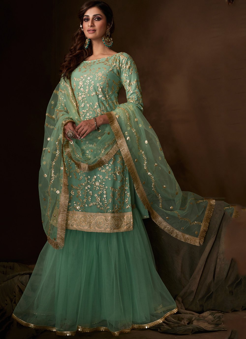 Sea Green Color Embroidered Designer Net Palazzo Suit