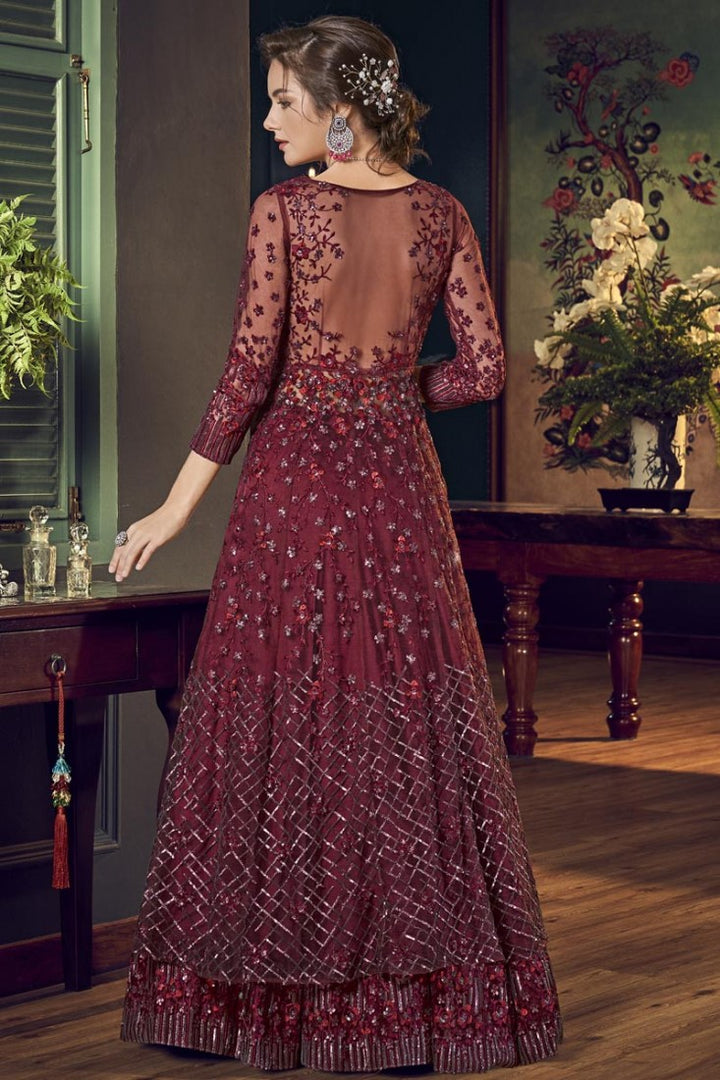 Majestic Maroon Fancy Embroidered Anakarli Suit