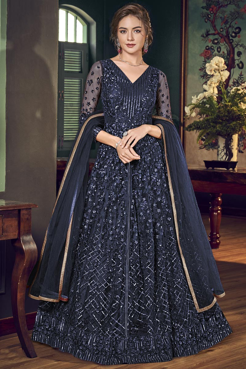 Blue Fancy Long Length Embroidered Anakarli Suit