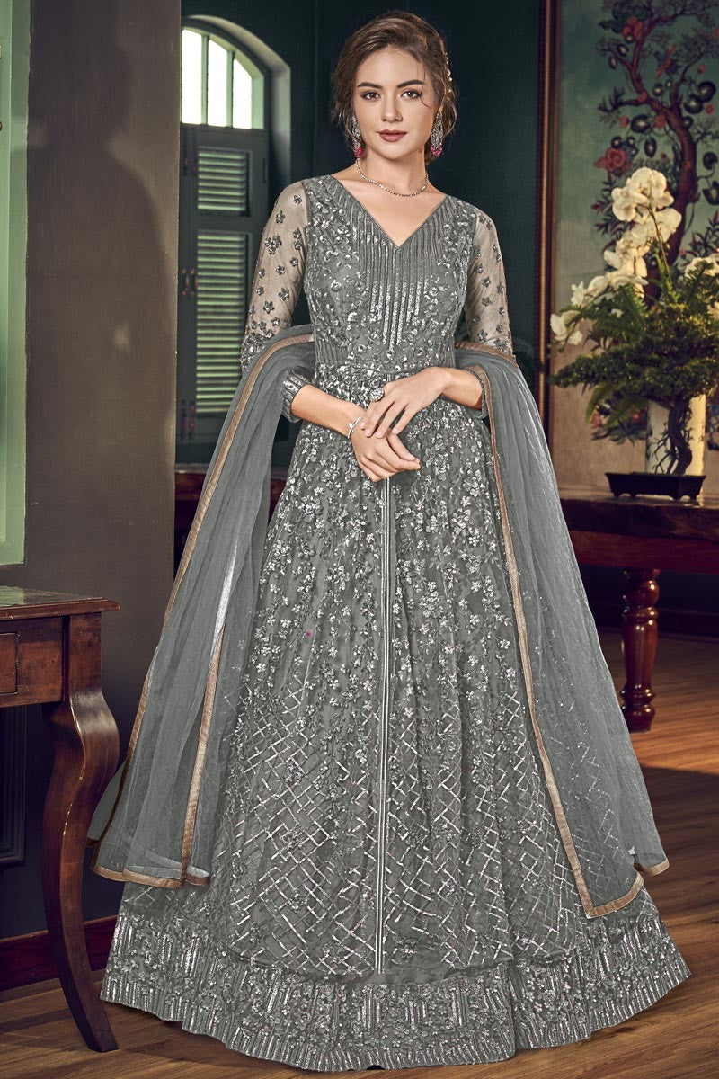 Majestic Grey Fancy Embroidered Anakarli Suit