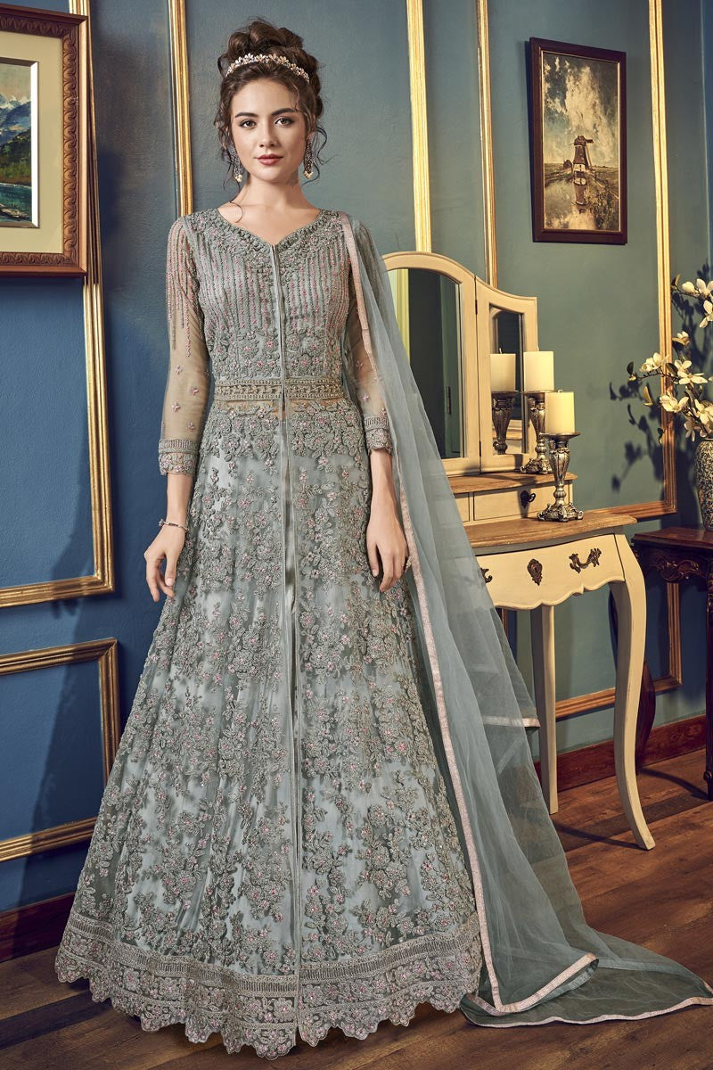 Net Fabric Fancy Embroidered Function Wear Anarkali Salwar Suit In Cyan  Color | Anarkali dress, Modest evening dress, Party wear