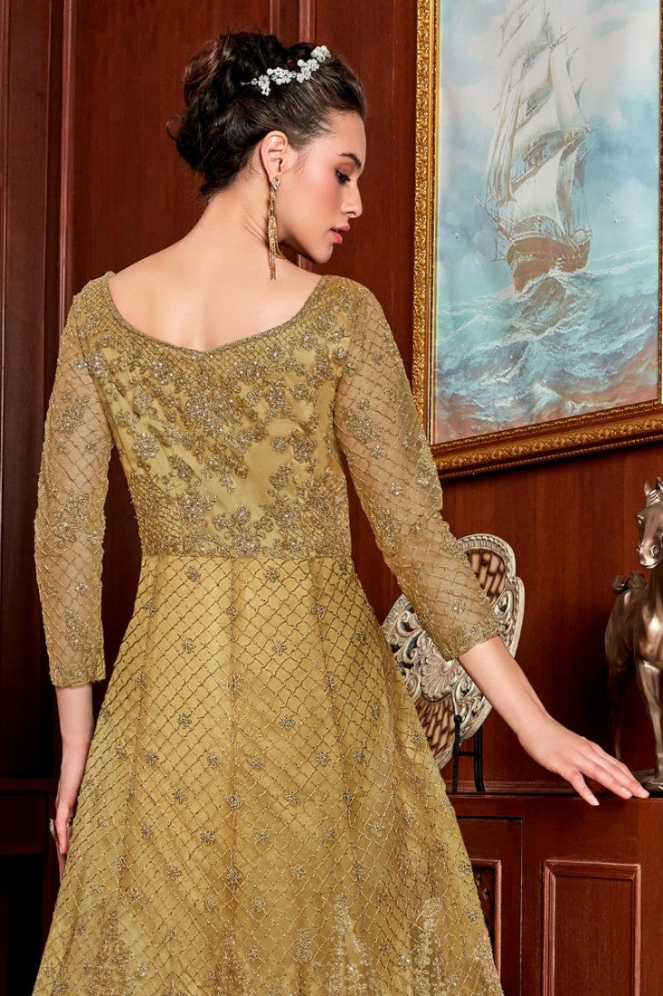 Beige Color Fancy Net Embroidered Anarkali Suit