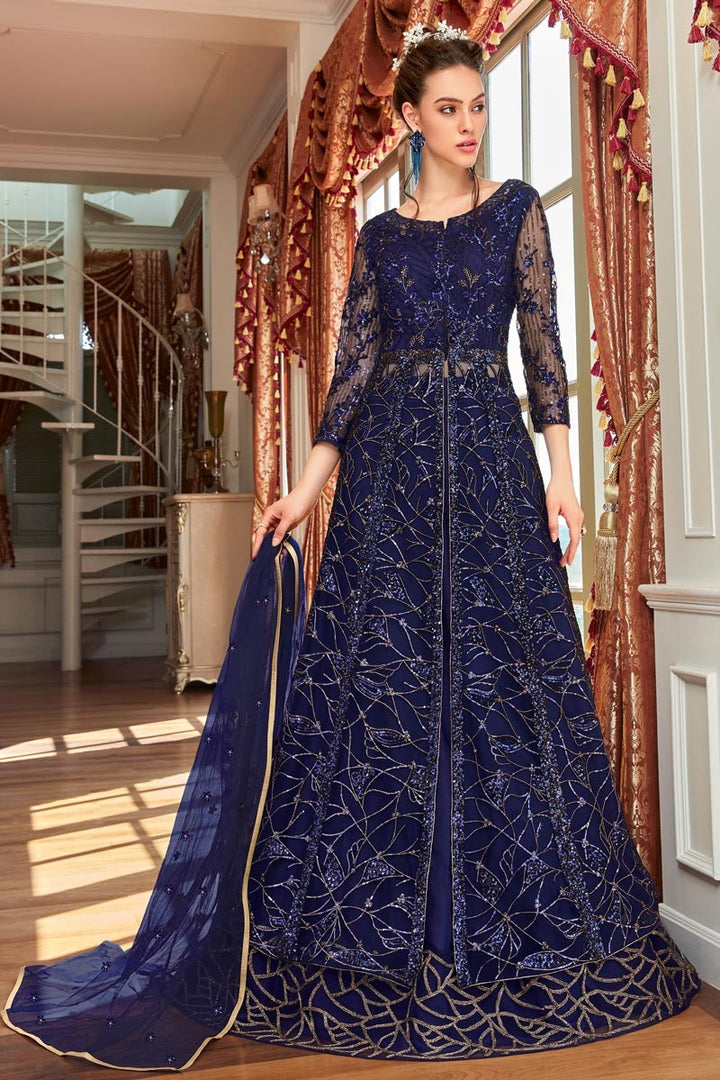 Blue Color Embroidered Lehenga & Pant Style Anarkali Suit