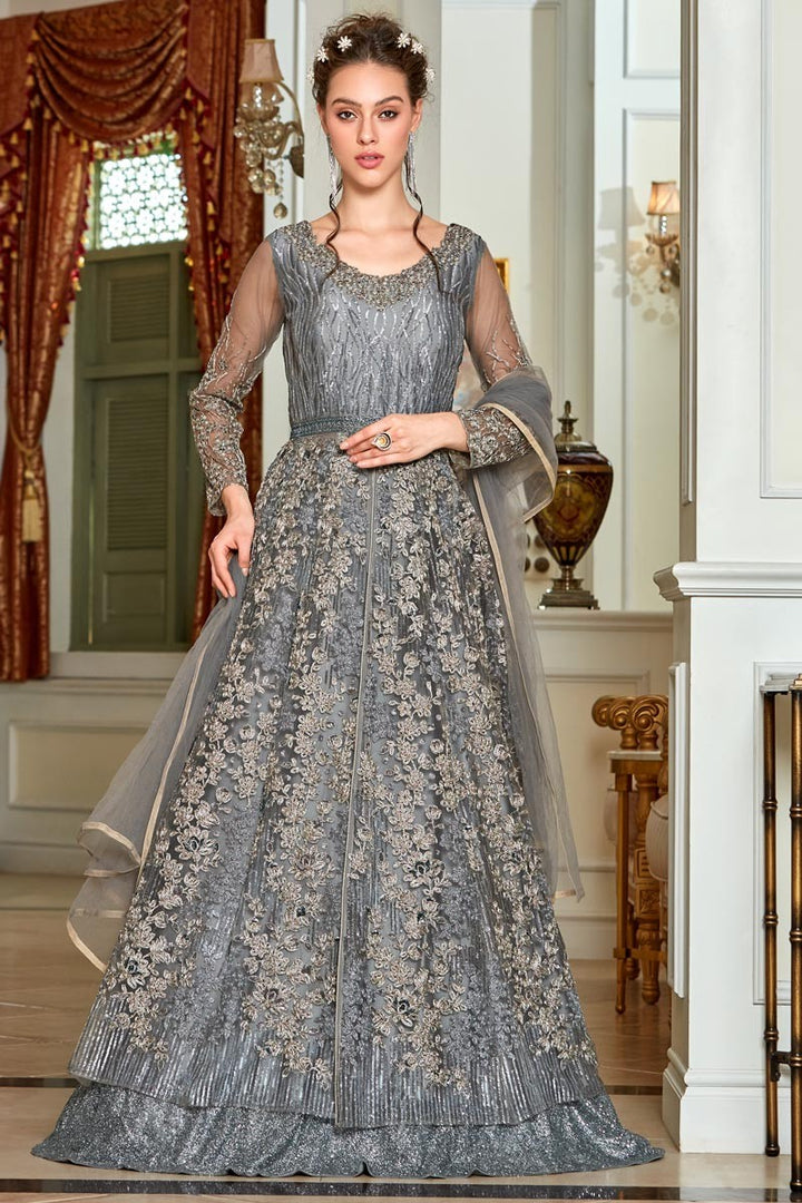 Grey Color Embroidered Lehenga & Pant Style Anarkali Suit