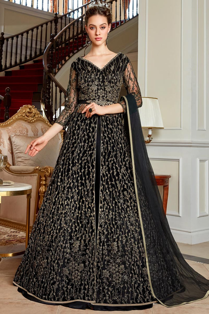 Black Color Net Abaya Style Embroidered Anarkali Suit