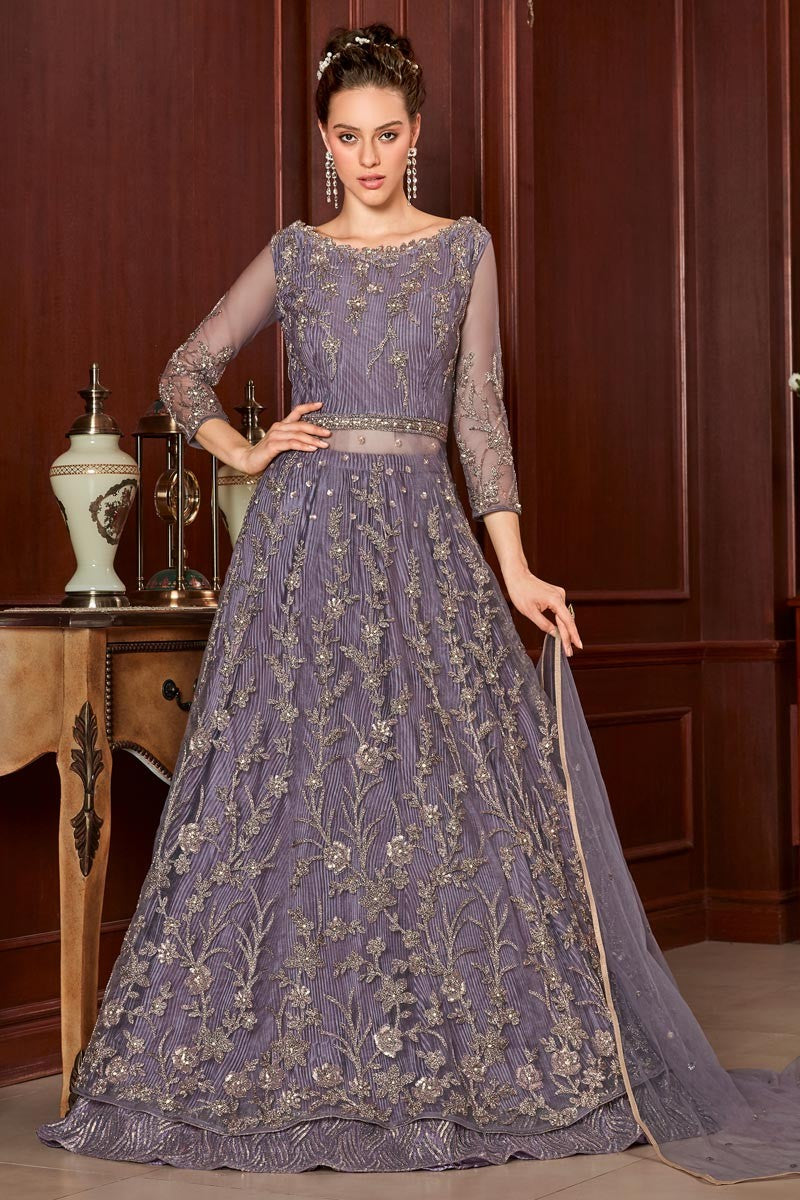 Lavender Color Net Abaya Style Embroidered Anarkali Suit