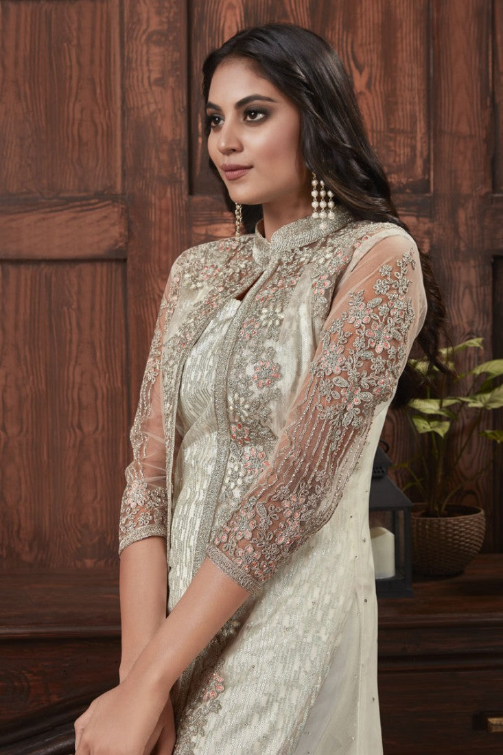 White Color Embroidered Jacket Style Palazzo Suit