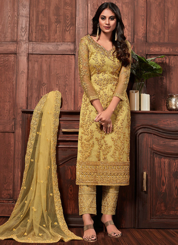 Yellow Color Embroidered Straight Pant Net Salwar Suit
