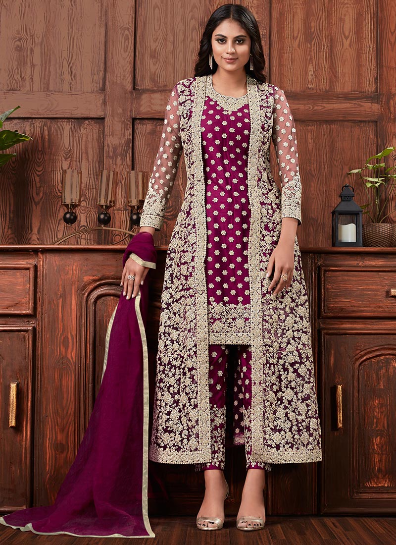 Magenta Color Embroidered Jacket Style Pant Salwar Suit