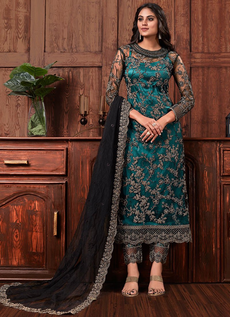 Mint Green Suit - Embroidered Straight Pant Salwar Suit
