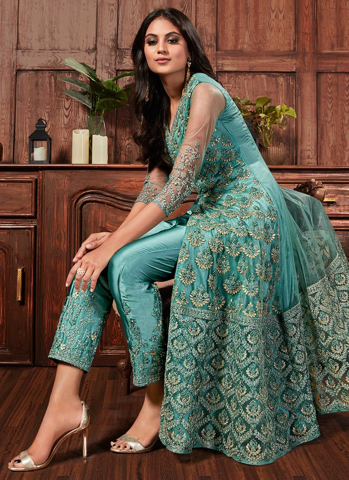 Turquoise Color Embroidered Front Slit & Straight Pant Suit