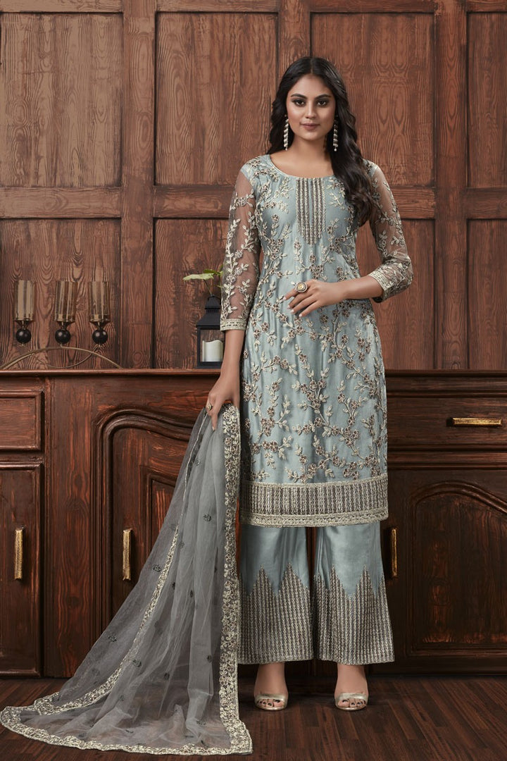 Grey Color Floral Embroidered Straight Pant Suit