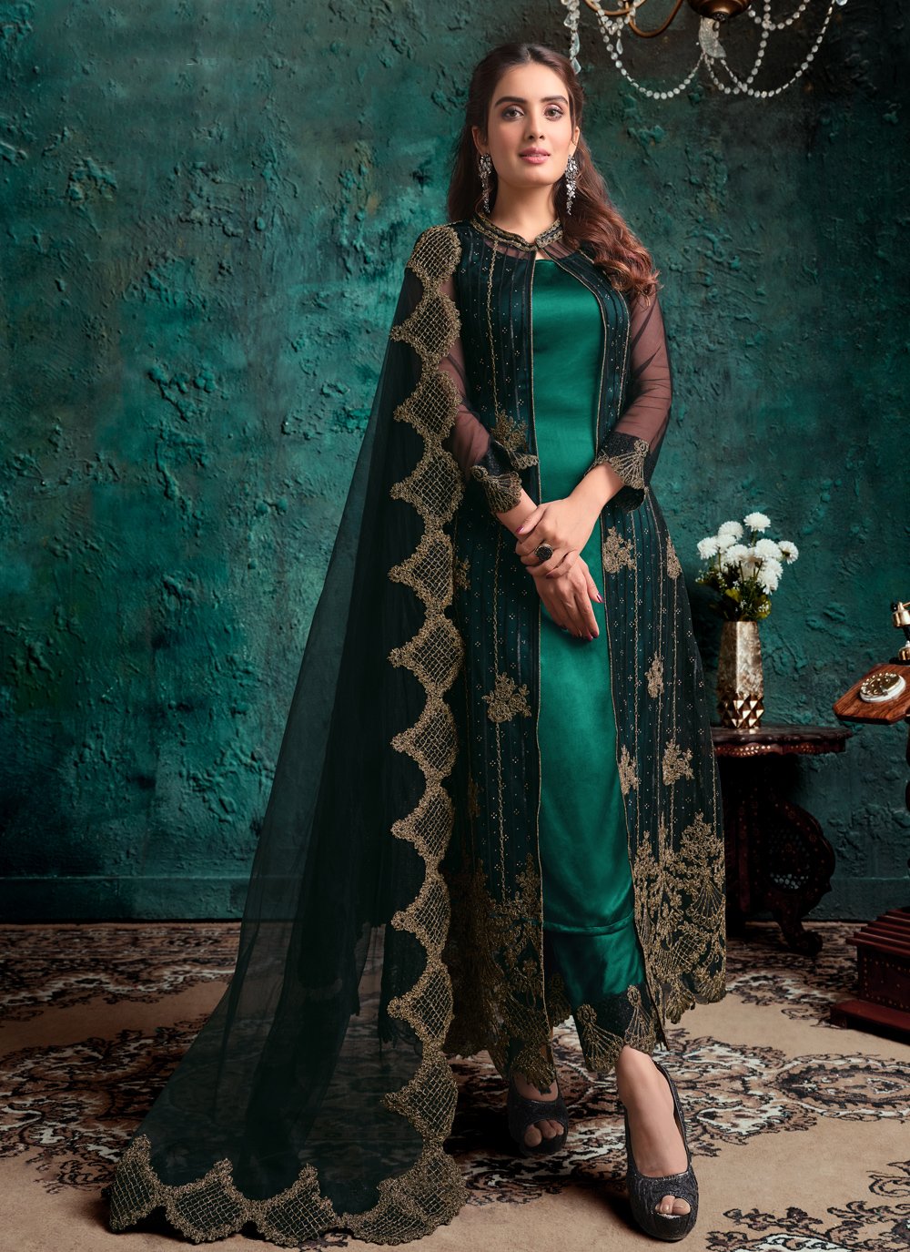 Green Net Suit - Buy Designer Fancy Pakistani Style Suit